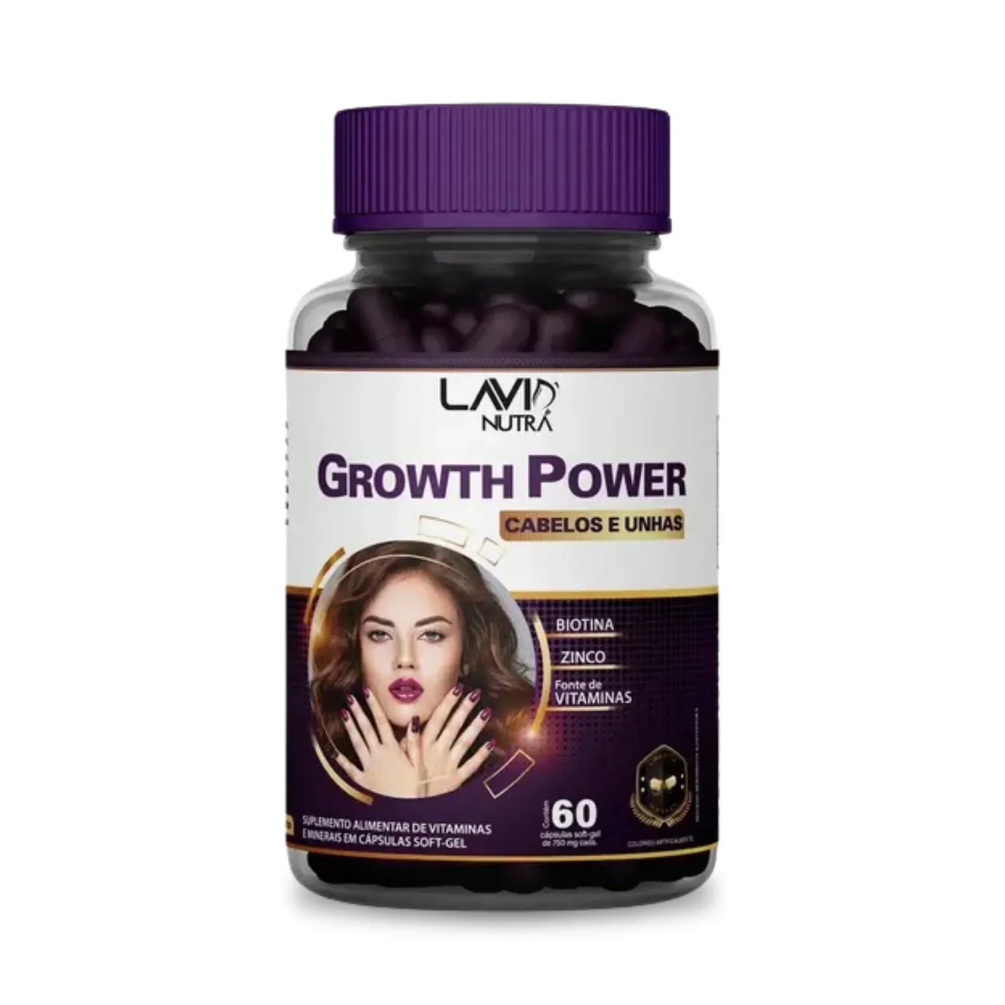 Vitamina Growth Power em cápsulas soft-gel para crescimento saudável de cabelos e unhas; Suplemento alimentar Growth Power fortalece fios, unhas e melhora a imunidade; Mulher segurando Vitamina Growth Power com cabelos brilhantes e volumosos; Cápsulas de Growth Power destacando Biotina, Vitaminas B e minerais essenciais; Antes e depois do uso da Vitamina Growth Power mostrando cabelos mais fortes e densos; Embalagem do polivitamínico Growth Power em fundo branco com destaque para os benefícios; Kit completo