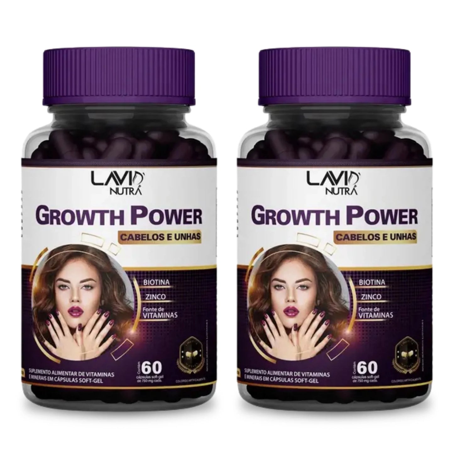 Vitamina Growth Power em cápsulas soft-gel para crescimento saudável de cabelos e unhas; Suplemento alimentar Growth Power fortalece fios, unhas e melhora a imunidade; Mulher segurando Vitamina Growth Power com cabelos brilhantes e volumosos; Cápsulas de Growth Power destacando Biotina, Vitaminas B e minerais essenciais; Antes e depois do uso da Vitamina Growth Power mostrando cabelos mais fortes e densos; Embalagem do polivitamínico Growth Power em fundo branco com destaque para os benefícios; Kit completo