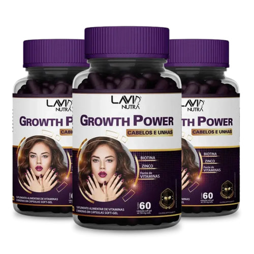 Vitamina Growth Power em cápsulas soft-gel para crescimento saudável de cabelos e unhas; Suplemento alimentar Growth Power fortalece fios, unhas e melhora a imunidade; Mulher segurando Vitamina Growth Power com cabelos brilhantes e volumosos; Cápsulas de Growth Power destacando Biotina, Vitaminas B e minerais essenciais; Antes e depois do uso da Vitamina Growth Power mostrando cabelos mais fortes e densos; Embalagem do polivitamínico Growth Power em fundo branco com destaque para os benefícios; Kit completo