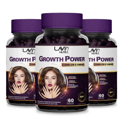 Vitamina Growth Power em cápsulas soft-gel para crescimento saudável de cabelos e unhas; Suplemento alimentar Growth Power fortalece fios, unhas e melhora a imunidade; Mulher segurando Vitamina Growth Power com cabelos brilhantes e volumosos; Cápsulas de Growth Power destacando Biotina, Vitaminas B e minerais essenciais; Antes e depois do uso da Vitamina Growth Power mostrando cabelos mais fortes e densos; Embalagem do polivitamínico Growth Power em fundo branco com destaque para os benefícios; Kit completo