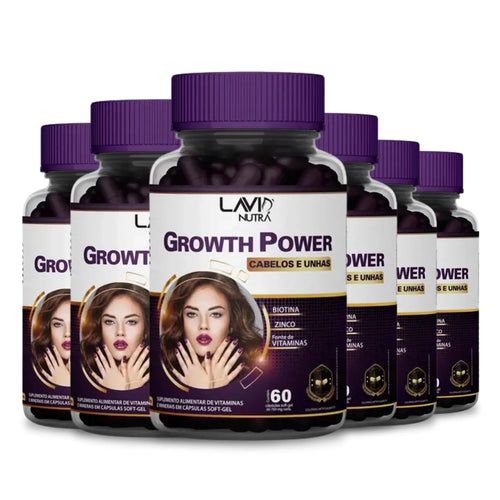 Vitamina Growth Power em cápsulas soft-gel para crescimento saudável de cabelos e unhas; Suplemento alimentar Growth Power fortalece fios, unhas e melhora a imunidade; Mulher segurando Vitamina Growth Power com cabelos brilhantes e volumosos; Cápsulas de Growth Power destacando Biotina, Vitaminas B e minerais essenciais; Antes e depois do uso da Vitamina Growth Power mostrando cabelos mais fortes e densos; Embalagem do polivitamínico Growth Power em fundo branco com destaque para os benefícios; Kit completo