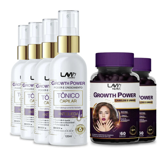 Vitamina Growth Power em cápsulas soft-gel para crescimento saudável de cabelos e unhas; Suplemento alimentar Growth Power fortalece fios, unhas e melhora a imunidade; Mulher segurando Vitamina Growth Power com cabelos brilhantes e volumosos; Cápsulas de Growth Power destacando Biotina, Vitaminas B e minerais essenciais; Antes e depois do uso da Vitamina Growth Power mostrando cabelos mais fortes e densos; Embalagem do polivitamínico Growth Power em fundo branco com destaque para os benefícios; Kit completo