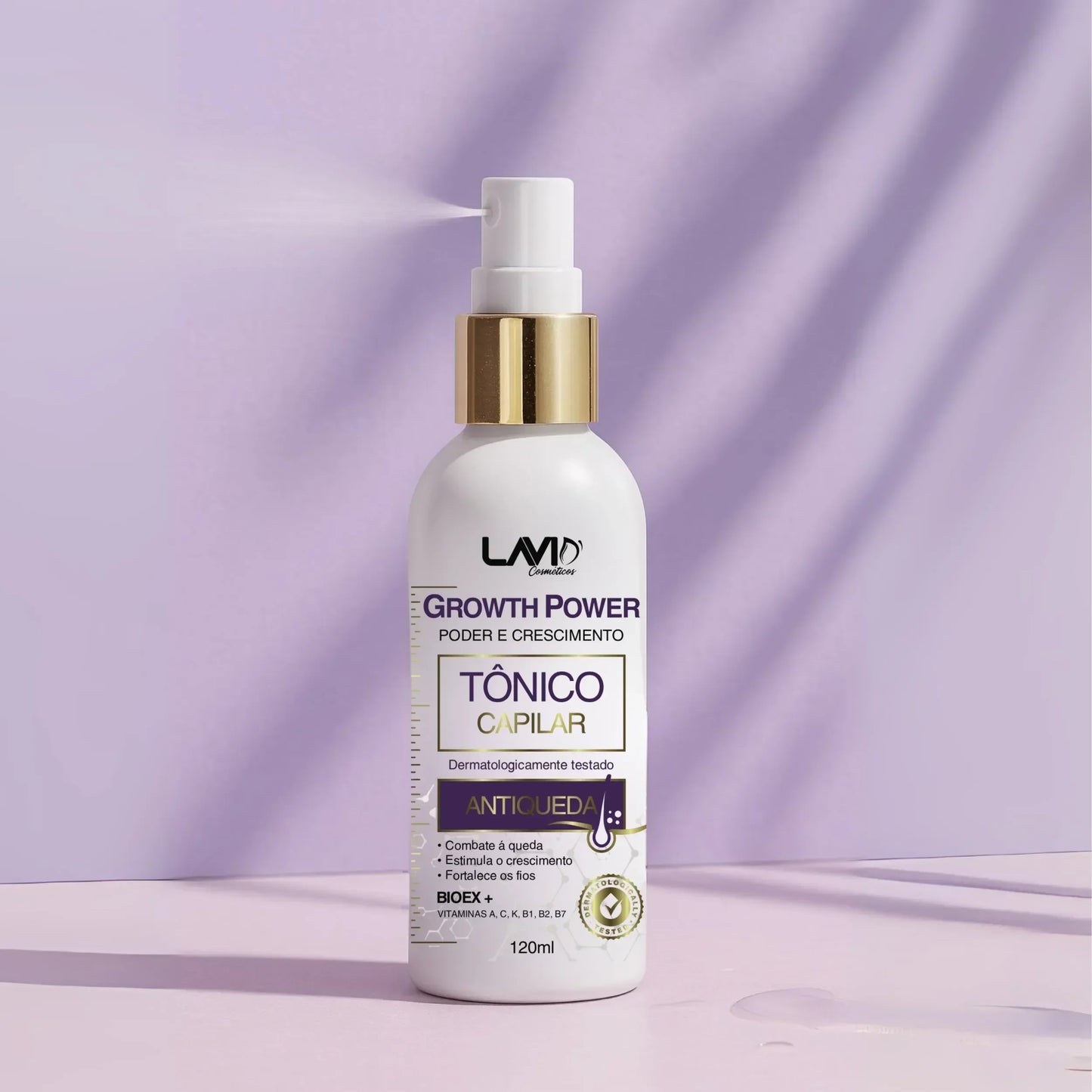 Tônico capilar Growth Power para crescimento rápido dos fios; Tratamento capilar de 1 mês contra queda de cabelo; Melhor tônico capilar aprovado pela ANVISA para crescer cabelo; Fórmula com Biotina, Cafeína e Peptídeos para fortalecer os fios; Tratamento antiqueda para homens e mulheres com resultados visíveis; Tônico para estimular novos fios e reduzir a queda em até 72%; Solução eficaz para fortalecer a raiz e aumentar o volume capilar; Tratamento de 25 a 45 dias para crescimento acelerado do cabelo.
