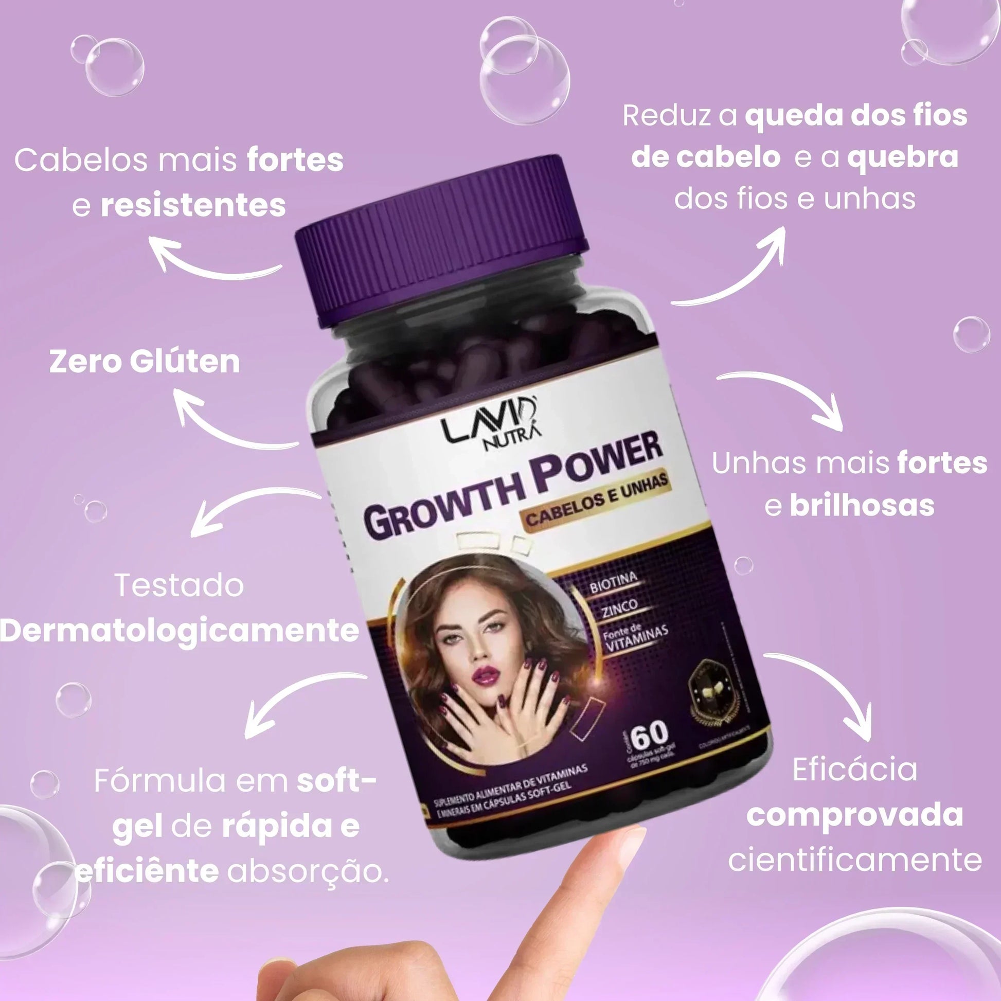 Vitamina Growth Power em cápsulas soft-gel para crescimento saudável de cabelos e unhas; Suplemento alimentar Growth Power fortalece fios, unhas e melhora a imunidade; Mulher segurando Vitamina Growth Power com cabelos brilhantes e volumosos; Cápsulas de Growth Power destacando Biotina, Vitaminas B e minerais essenciais; Antes e depois do uso da Vitamina Growth Power mostrando cabelos mais fortes e densos; Embalagem do polivitamínico Growth Power em fundo branco com destaque para os benefícios; Kit completo
