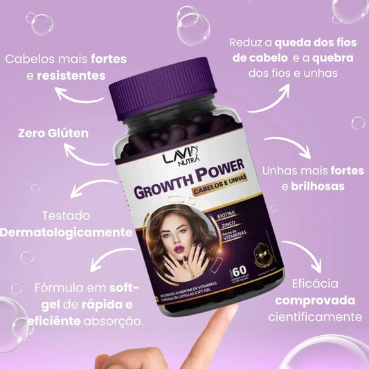Vitamina Growth Power em cápsulas soft-gel para crescimento saudável de cabelos e unhas; Suplemento alimentar Growth Power fortalece fios, unhas e melhora a imunidade; Mulher segurando Vitamina Growth Power com cabelos brilhantes e volumosos; Cápsulas de Growth Power destacando Biotina, Vitaminas B e minerais essenciais; Antes e depois do uso da Vitamina Growth Power mostrando cabelos mais fortes e densos; Embalagem do polivitamínico Growth Power em fundo branco com destaque para os benefícios; Kit completo