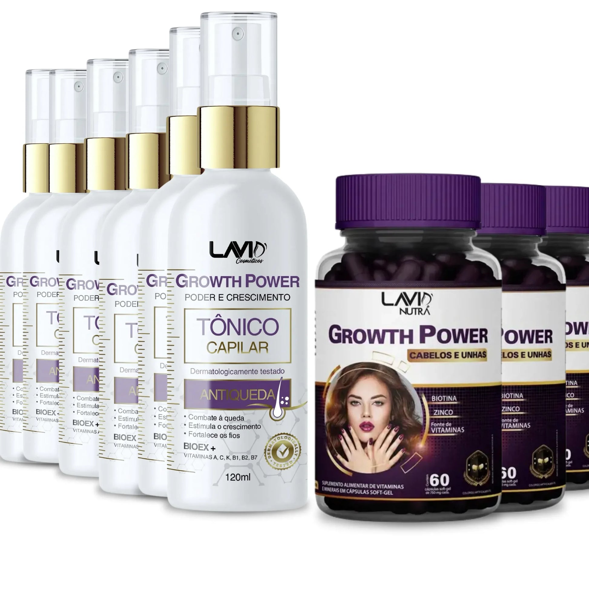 Tônico capilar Growth Power para crescimento rápido dos fios; Tratamento capilar de 1 mês contra queda de cabelo; Melhor tônico capilar aprovado pela ANVISA para crescer cabelo; Fórmula com Biotina, Cafeína e Peptídeos para fortalecer os fios; Tratamento antiqueda para homens e mulheres com resultados visíveis; Tônico para estimular novos fios e reduzir a queda em até 72%; Solução eficaz para fortalecer a raiz e aumentar o volume capilar; Tratamento de 25 a 45 dias para crescimento acelerado do cabelo