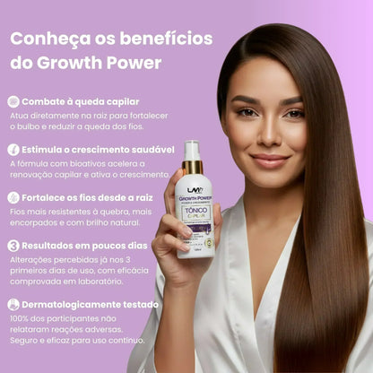 Tônico capilar Growth Power para crescimento rápido dos fios; Tratamento capilar de 1 mês contra queda de cabelo; Melhor tônico capilar aprovado pela ANVISA para crescer cabelo; Fórmula com Biotina, Cafeína e Peptídeos para fortalecer os fios; Tratamento antiqueda para homens e mulheres com resultados visíveis; Tônico para estimular novos fios e reduzir a queda em até 72%; Solução eficaz para fortalecer a raiz e aumentar o volume capilar; Tratamento de 25 a 45 dias para crescimento acelerado do cabelo