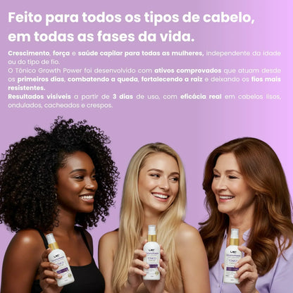 Tônico capilar Growth Power para crescimento rápido dos fios; Tratamento capilar de 1 mês contra queda de cabelo; Melhor tônico capilar aprovado pela ANVISA para crescer cabelo; Fórmula com Biotina, Cafeína e Peptídeos para fortalecer os fios; Tratamento antiqueda para homens e mulheres com resultados visíveis; Tônico para estimular novos fios e reduzir a queda em até 72%; Solução eficaz para fortalecer a raiz e aumentar o volume capilar; Tratamento de 25 a 45 dias para crescimento acelerado do cabelo
