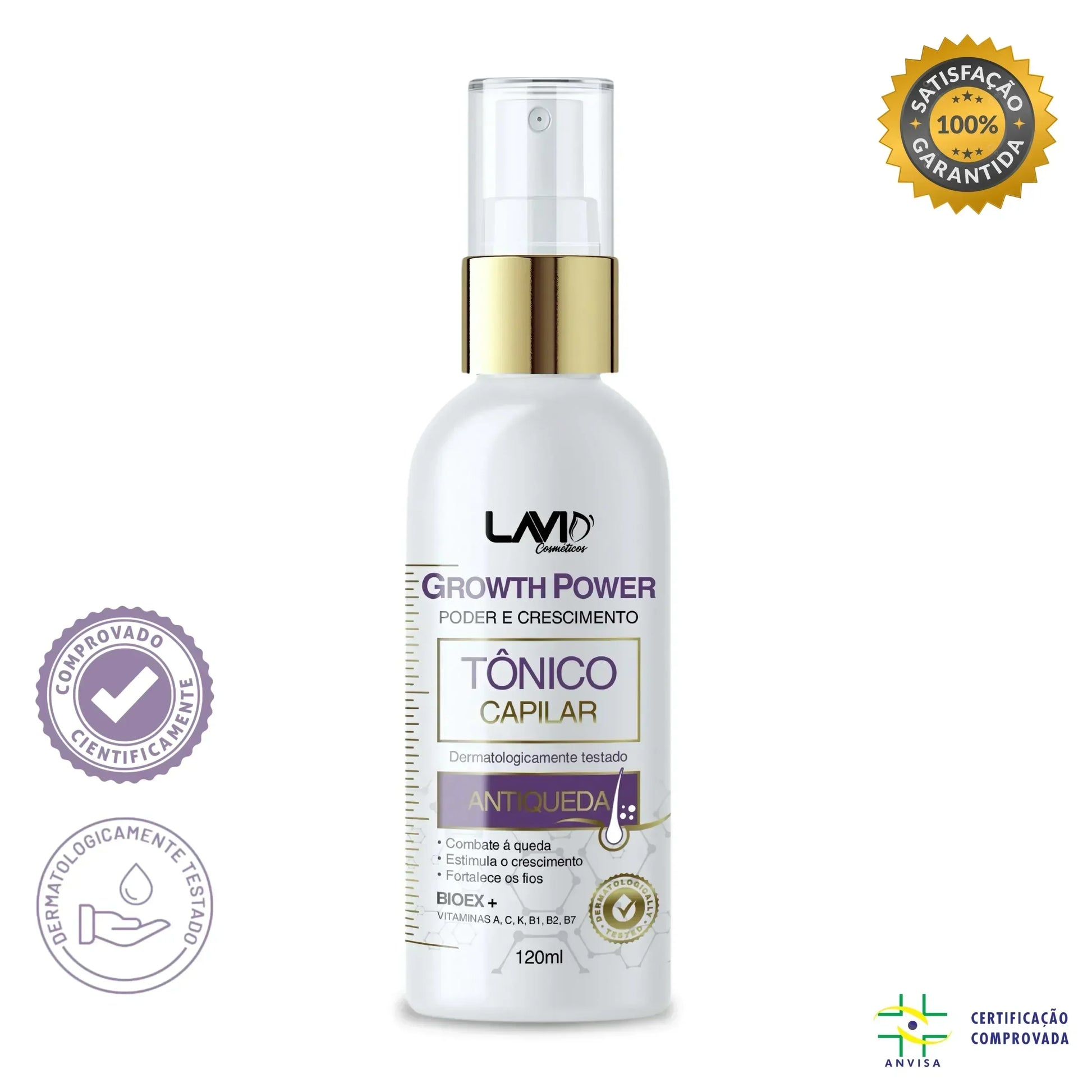 Tônico capilar Growth Power para crescimento rápido dos fios; Tratamento capilar de 1 mês contra queda de cabelo; Melhor tônico capilar aprovado pela ANVISA para crescer cabelo; Fórmula com Biotina, Cafeína e Peptídeos para fortalecer os fios; Tratamento antiqueda para homens e mulheres com resultados visíveis; Tônico para estimular novos fios e reduzir a queda em até 72%; Solução eficaz para fortalecer a raiz e aumentar o volume capilar; Tratamento de 25 a 45 dias para crescimento acelerado do cabelo; Tôni