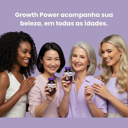 Vitamina Growth Power em cápsulas soft-gel para crescimento saudável de cabelos e unhas; Suplemento alimentar Growth Power fortalece fios, unhas e melhora a imunidade; Mulher segurando Vitamina Growth Power com cabelos brilhantes e volumosos; Cápsulas de Growth Power destacando Biotina, Vitaminas B e minerais essenciais; Antes e depois do uso da Vitamina Growth Power mostrando cabelos mais fortes e densos; Embalagem do polivitamínico Growth Power em fundo branco com destaque para os benefícios; Kit completo