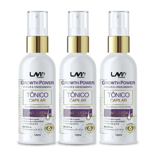 Tônico capilar Growth Power para crescimento rápido dos fios; Tratamento capilar de 1 mês contra queda de cabelo; Melhor tônico capilar aprovado pela ANVISA para crescer cabelo; Fórmula com Biotina, Cafeína e Peptídeos para fortalecer os fios; Tratamento antiqueda para homens e mulheres com resultados visíveis; Tônico para estimular novos fios e reduzir a queda em até 72%; Solução eficaz para fortalecer a raiz e aumentar o volume capilar; Tratamento de 25 a 45 dias para crescimento acelerado do cabelo.